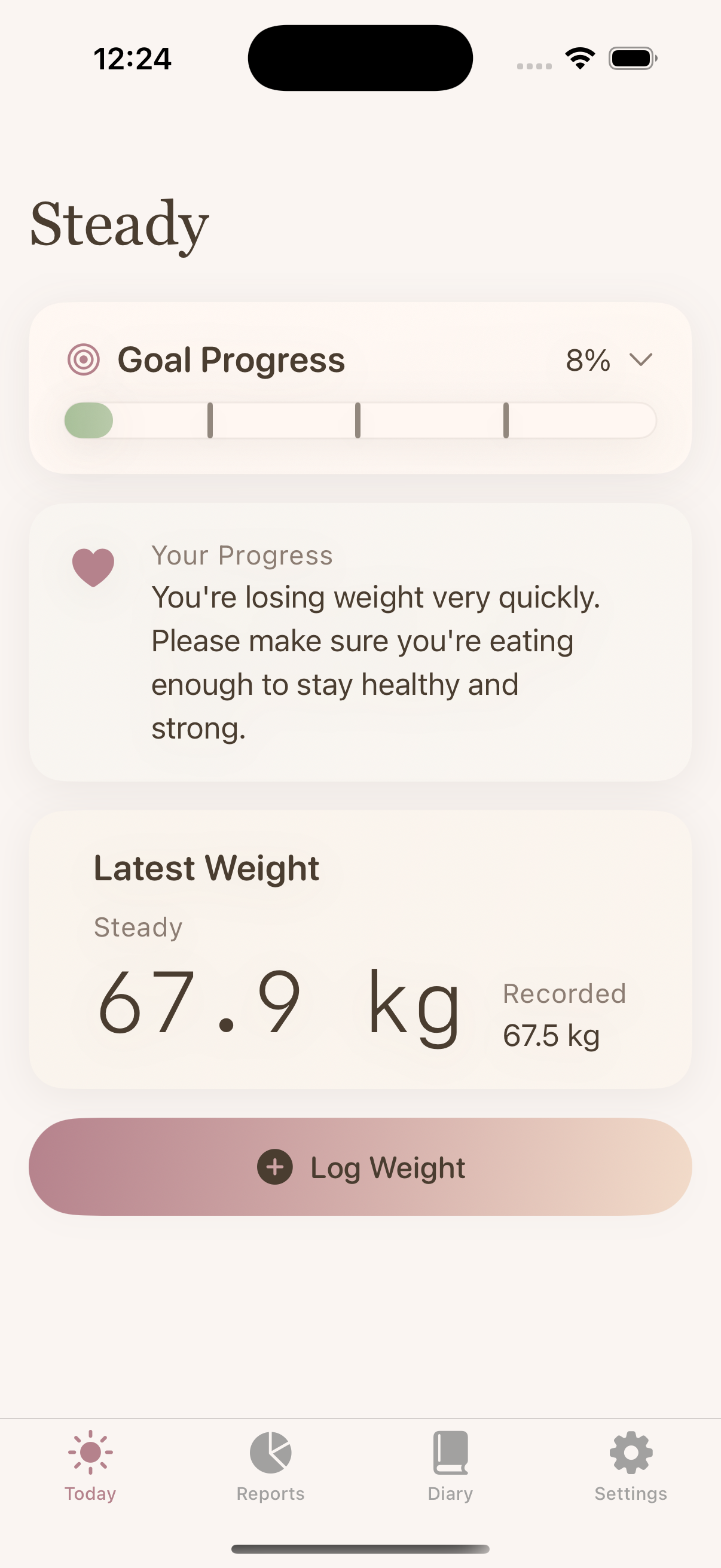 Steadily Today Screen showing current weight and goal progress